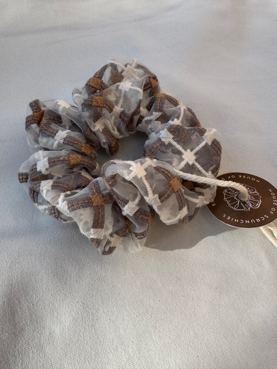 Scrunchie - Spitze Beige-Weiß Kariert