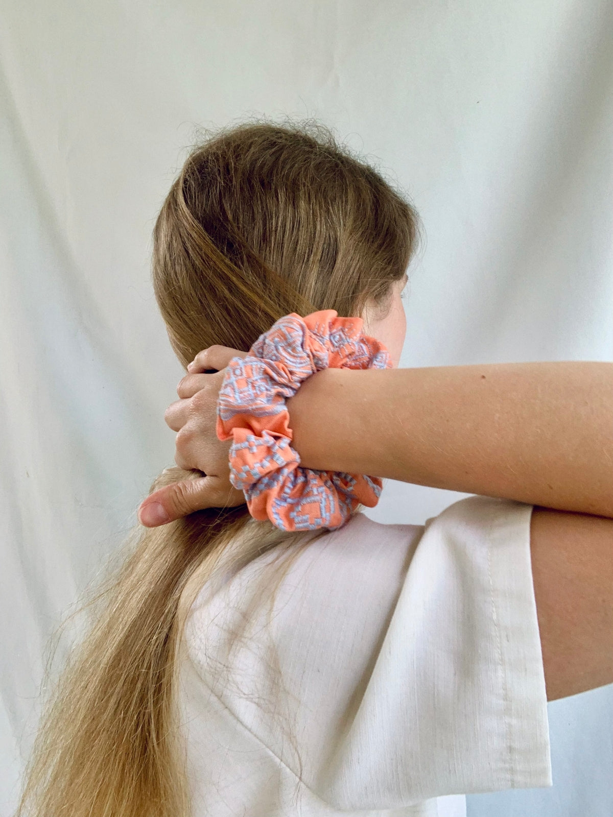 Scrunchie - Aztec Embroidery Orange/Light Blue