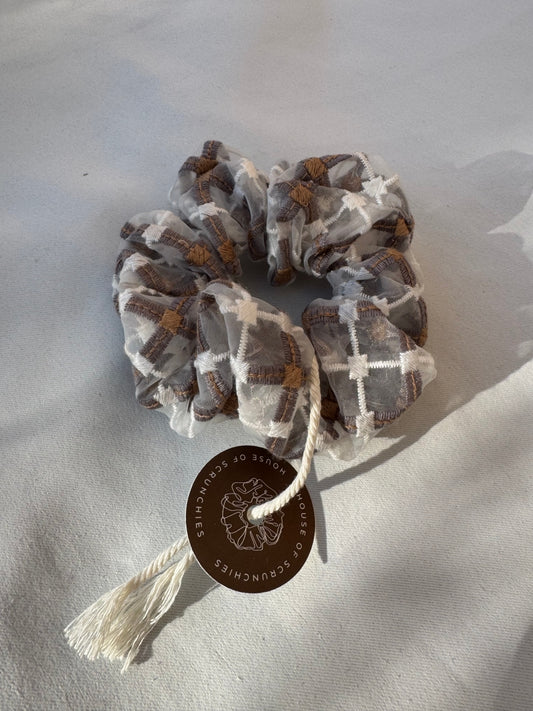 Scrunchie - Spitze Beige-Weiß Kariert