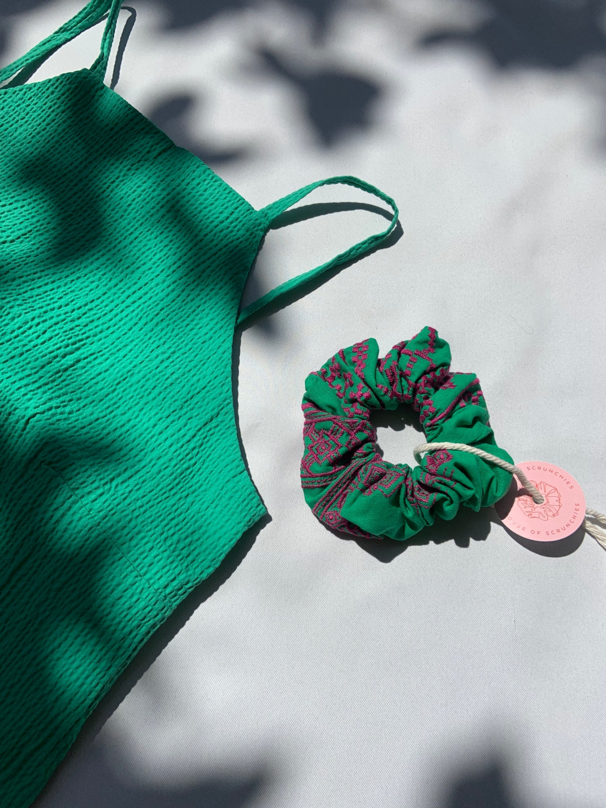 Scrunchie - Aztec Embroidery Green/Magenta