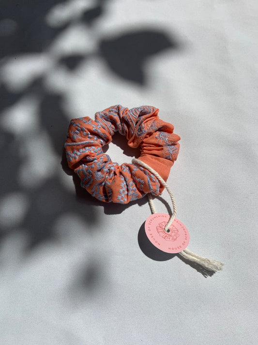 Scrunchie - Aztec Embroidery Orange/Light Blue