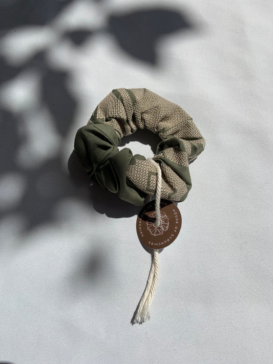 Scrunchie - Aztec Embroidery Dark Green/Beige