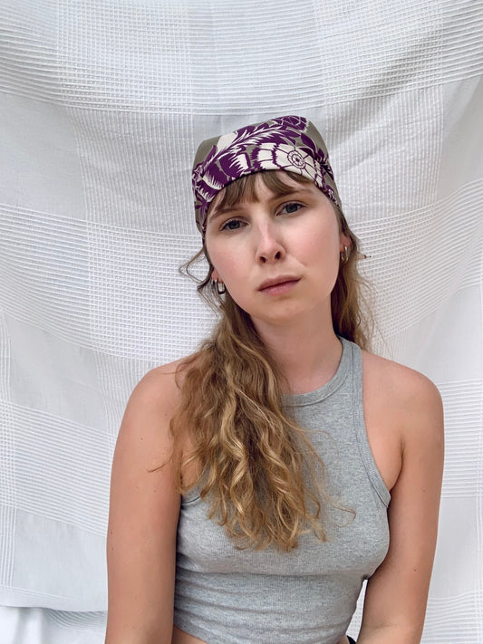 Scarf/ Bandana - Khaki/Aubergine Flowers